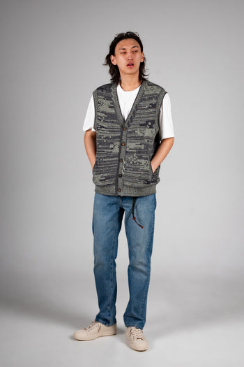 Blue Mosaic City Knit Vest Cardigan by IOEDLE, a stylish sleeveless top with a textured mosaic pattern.