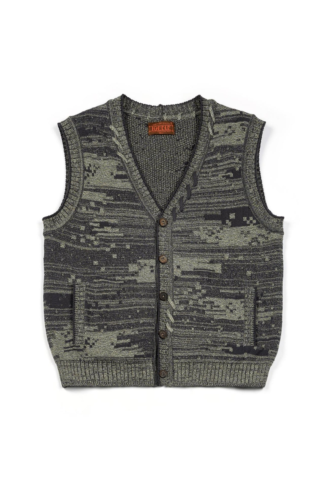 Green Mosaic City knit vest cardigan by IOEDLE, featuring a textured pattern and casual top style with a button front.
