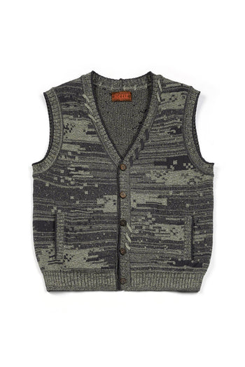 Green Mosaic City knit vest cardigan by IOEDLE, featuring a textured pattern and casual top style with a button front.