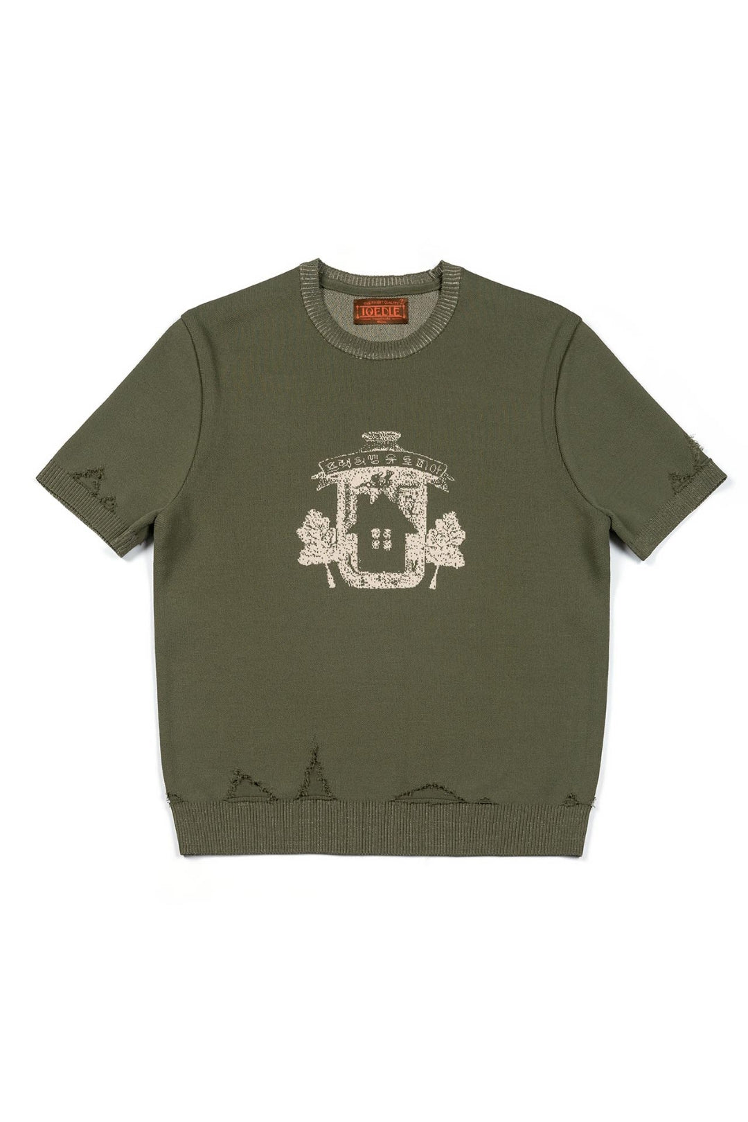 IOEDLE Practical Utopia knitted top in khaki, casual long-sleeve shirt with ribbed cuffs and neckline, front view.