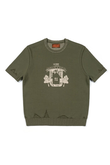 IOEDLE Practical Utopia knitted top in khaki, casual long-sleeve shirt with ribbed cuffs and neckline, front view.