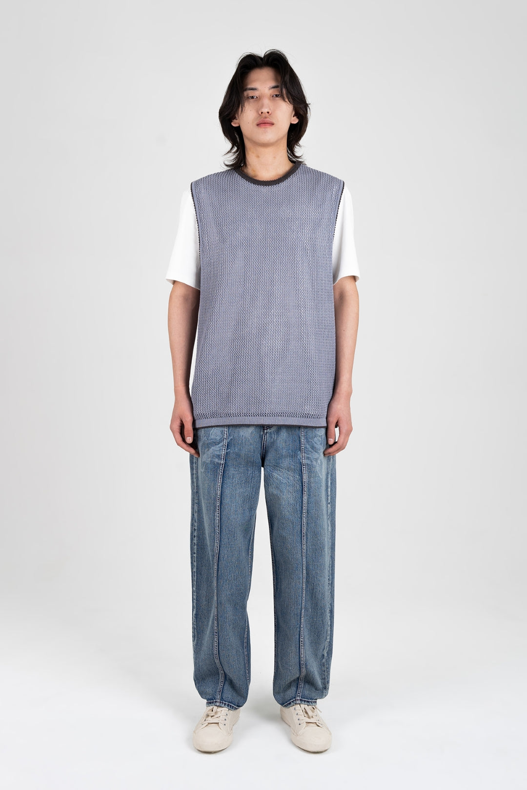 Sky blue Berry Entwined Mesh Vest by IOEDLE, showcasing a stylish, lightweight mesh top with entwined berry design.