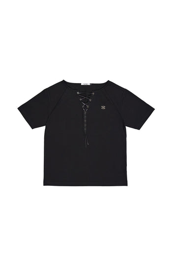 Black KIMMICK Bestowed Chivalry Pique Short Sleeve Top with classic design and textured fabric.