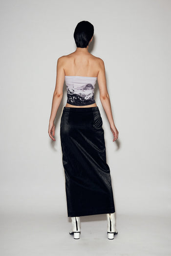 Black Eco Leather H-Line Long Skirt by Lunecave, stylish women's bottom with a sleek, form-fitting design and high-quality material.