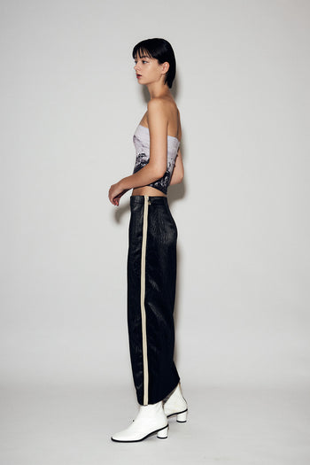 Black Eco Leather H-Line Long Skirt from Lunecave, stylish and elegant bottoms with a sleek, fitted silhouette.