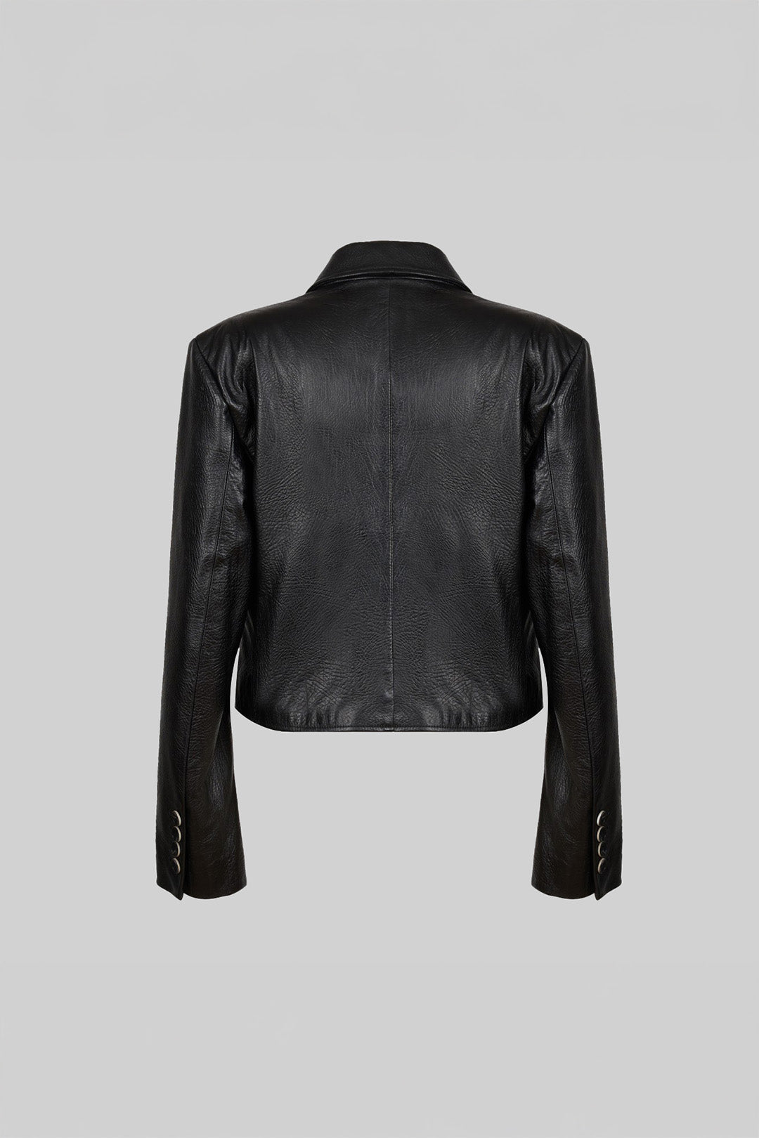 Black Lunecave lamb skin double breast crop jacket, stylish cropped jacket with double-breast design, in a sleek, fitted style.