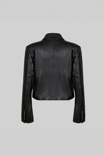 Black Lunecave lamb skin double breast crop jacket, stylish cropped jacket with double-breast design, in a sleek, fitted style.