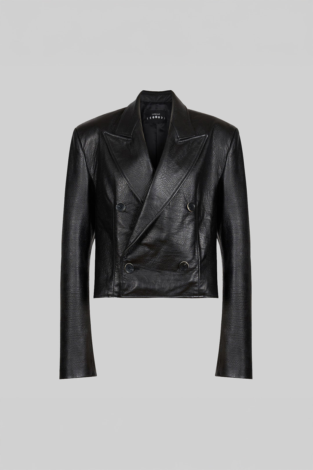 Black Lunecave Lamb Skin Double Breast Crop Jacket, stylish cropped jacket with double-breast design and smooth leather texture.