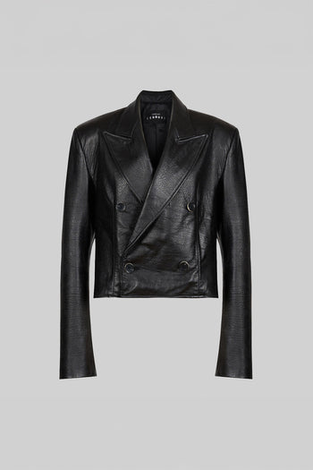 Black Lunecave Lamb Skin Double Breast Crop Jacket, stylish cropped jacket with double-breast design and smooth leather texture.
