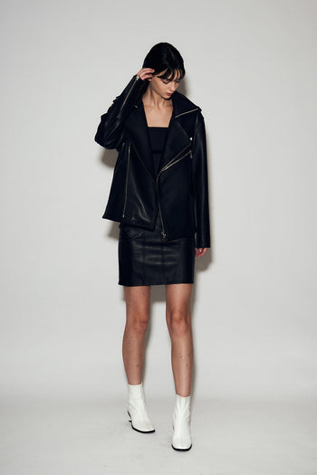Black Lunecave cow skin loose-fit rider jacket, stylish motorcycle jacket with rugged leather texture and casual fit.