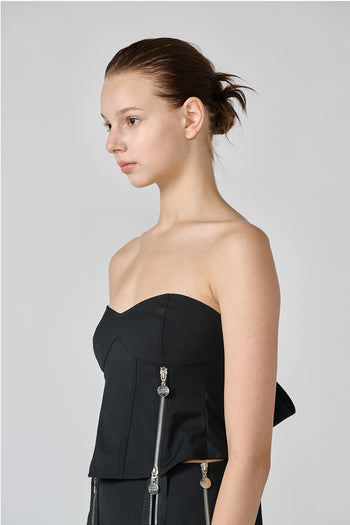 Black wool bustier top by Lunecave, featuring a fitted design and structured silhouette.