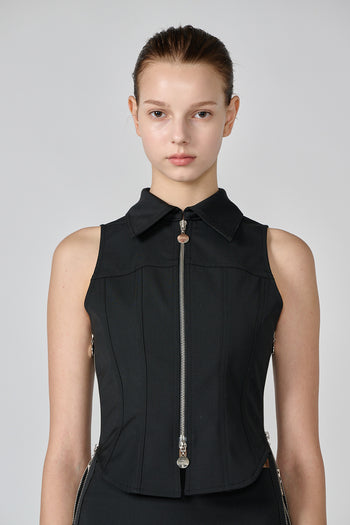 Black wool vest from Lunecave, a stylish top with a fitted design, displayed on a plain background.