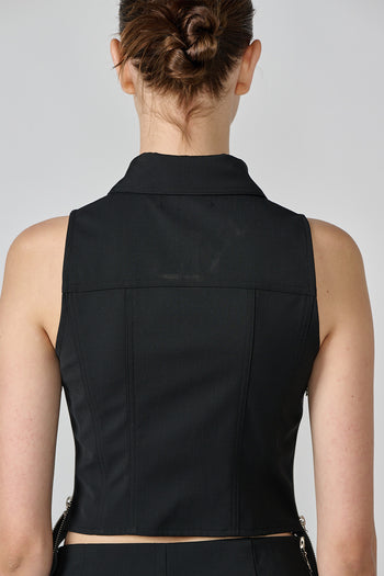 Black Lunecave wool vest, a stylish top with a cozy fit, shown on a plain background.