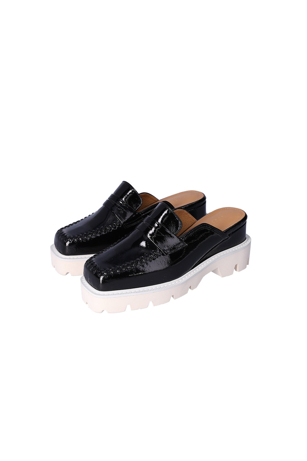 Nuosmiq Puka Platform Black Bloafers showing black loafers with platform soles and sleek design.