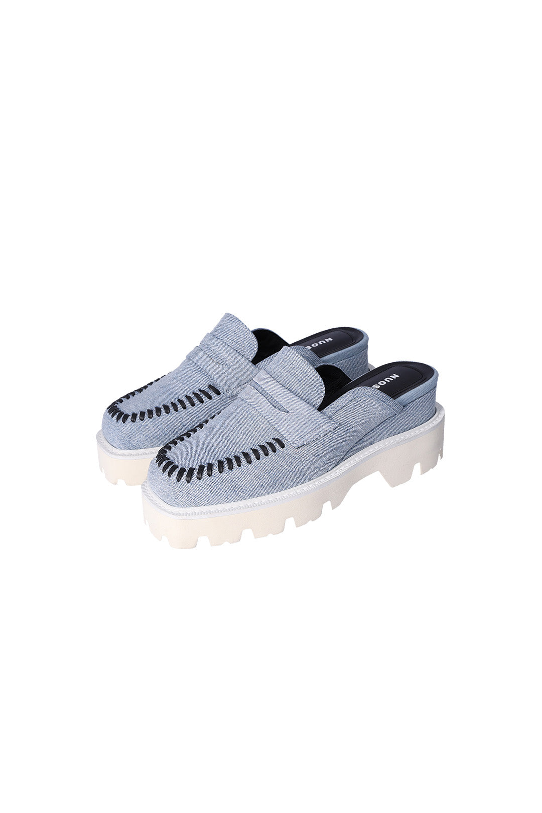 Nuosmiq Puka Platform Denim Bloafers showing blue denim material and stylish slip-on design on a white background.
