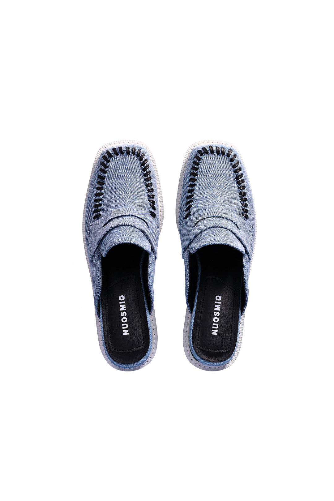 Nuosmiq Puka Platform Denim Bloafers showing blue denim fabric and stylish platform sole on a white background.