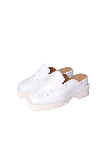 Nuosmiq Puka Platform White Bloafers featuring a sleek white design and comfortable slip-on style.