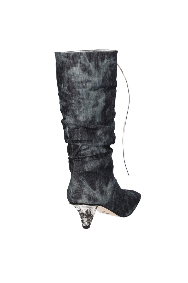 Nuosmiq Lavi Slouch Boots in denim with a relaxed, slouchy design and rounded toe, stylish and comfortable footwear.