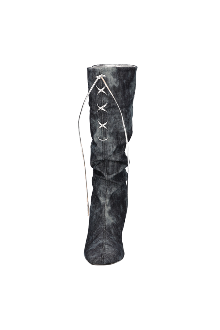 Nuosmiq Lavi Slouch Boots in denim with a relaxed slouch design and rounded toe, stylish and comfortable for casual wear.