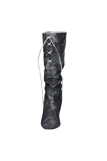 Nuosmiq Lavi Slouch Boots in denim with a relaxed, slouchy design and rounded toe, showcased on a white background.