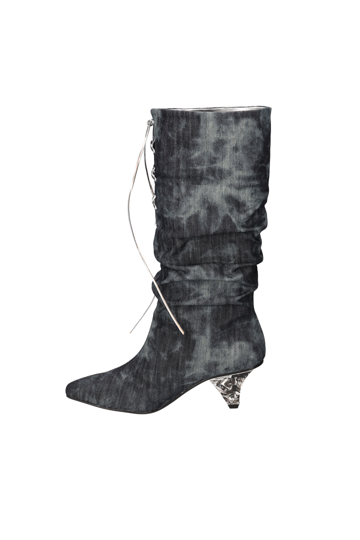 Nuosmiq Lavi Slouch Boots in denim with a relaxed slouch design and rounded toe, stylish and comfortable for casual wear.