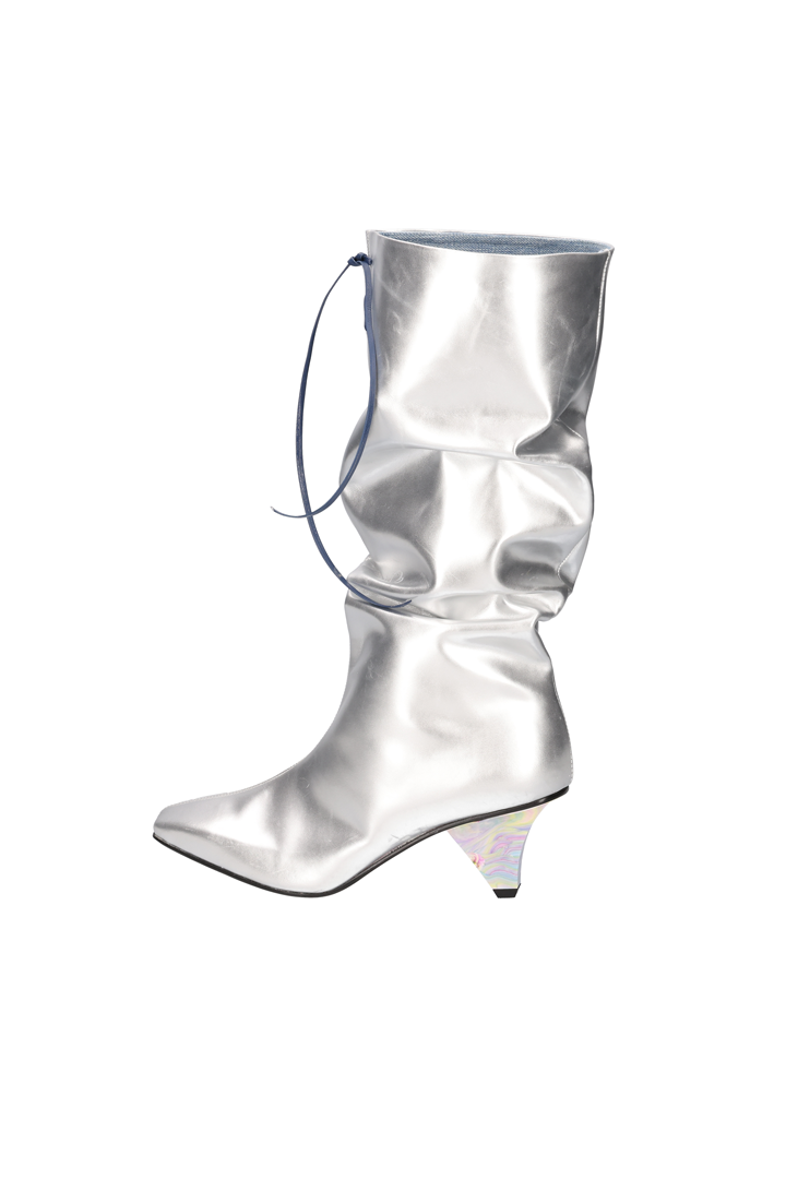 Nuosmiq Lavi Slouch Boots in silver with a relaxed, slouchy design and rounded toe, stylish and comfortable for casual wear.