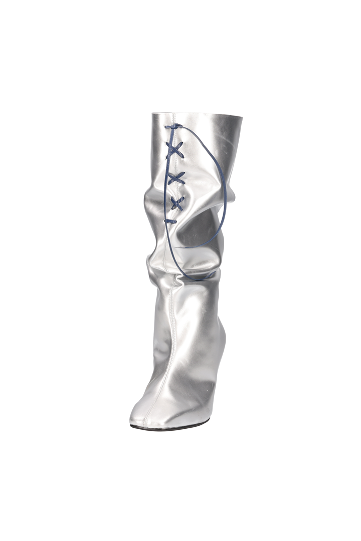 Nuosmiq Lavi Slouch Boots in silver with a relaxed, slouchy design and rounded toe, stylish and comfortable for casual wear.