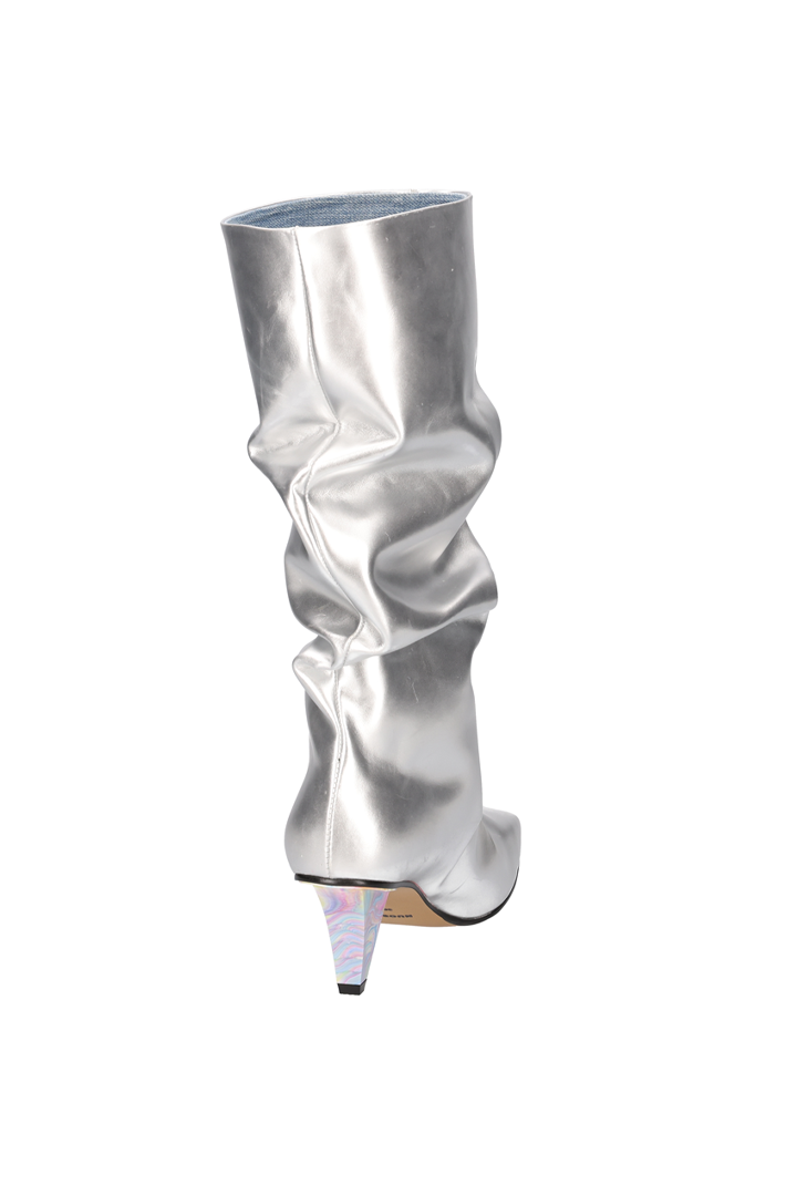 Silver Nuosmiq Lavi Slouch Boots with a relaxed, slouchy design and rounded toe, styled for casual or chic outfits.