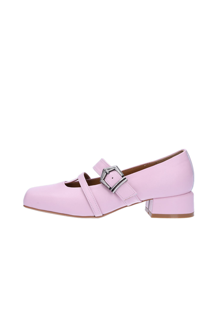 Nuosmiq Aku Mary-Jane Loafers in pink, stylish women's loafers with rounded toe and strap detail, on a white background.