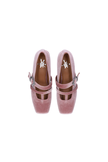 Nuosmiq Aku Mary-Jane loafers in pink velvet with rounded toe and strap, stylish women’s slip-on shoes.