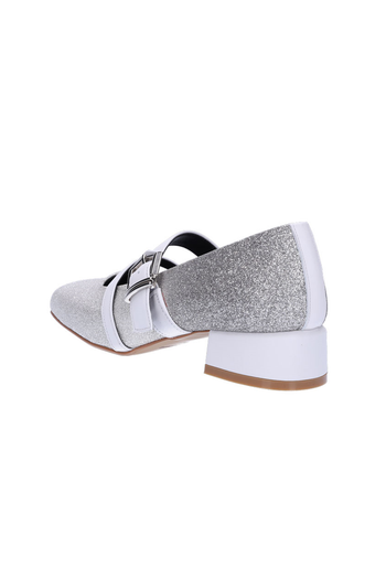 Nuosmiq Aku Mary-Jane Loafers in shiny silver with classic strap and rounded toe, stylish footwear for women.