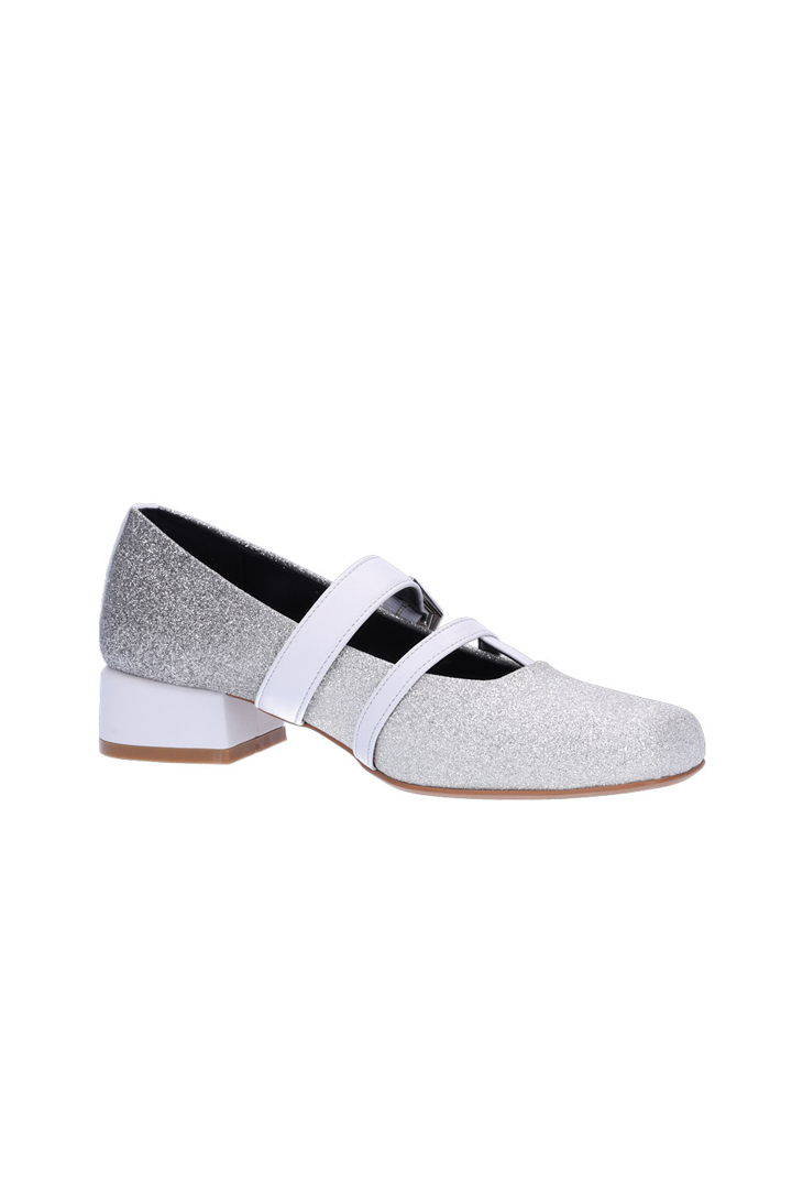 Nuosmiq Aku Mary-Jane Loafers in silver with rounded toe and strap, stylish slip-on footwear for women.