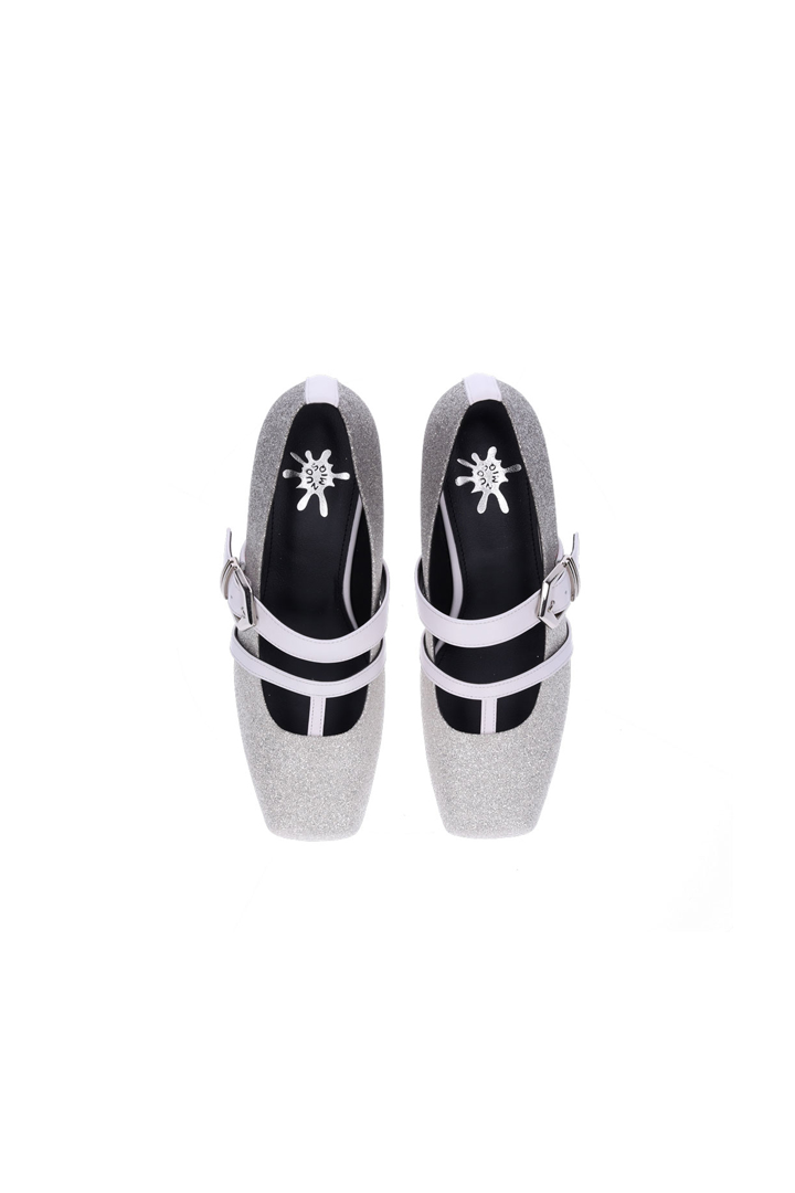 Nuosmiq Aku Mary-Jane Loafers in silver with rounded toe and strap detail, stylish women's slip-on footwear.