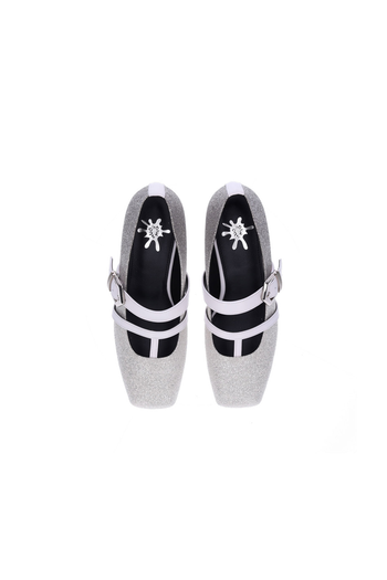 Nuosmiq Aku Mary-Jane Loafers in silver with rounded toe and strap detail, stylish women's slip-on footwear.