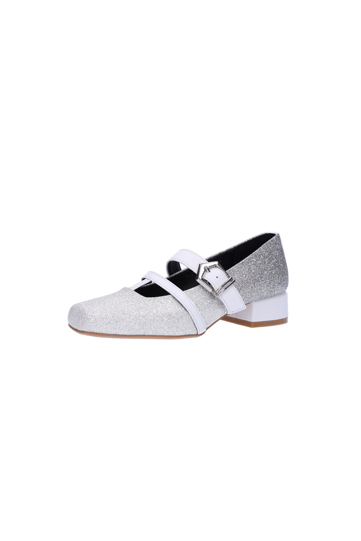 Nuosmiq Aku Mary-Jane Loafers in silver with rounded toe and strap detail, stylish slip-on footwear for women.
