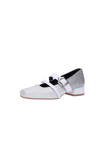 Nuosmiq Aku Mary-Jane Loafers in silver with rounded toe and strap detail, stylish slip-on footwear for women.