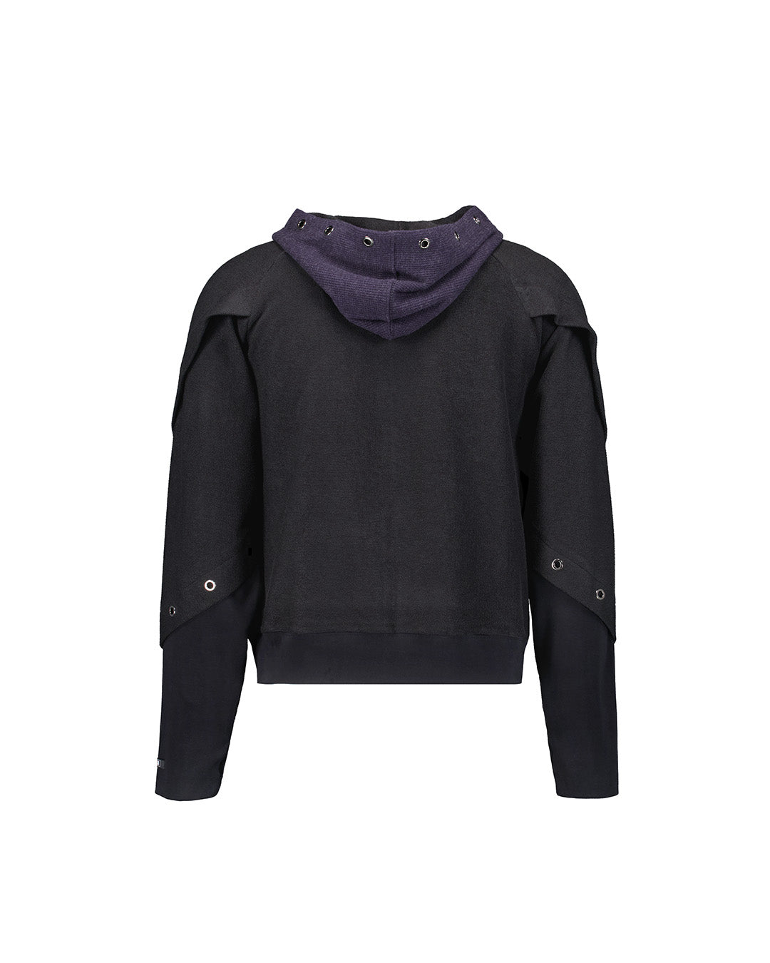KIMMICK Bound Waffle Reversed Raglan Black Hoodie with zip-up front and relaxed fit, featuring contrasting raglan sleeves and waffle texture.