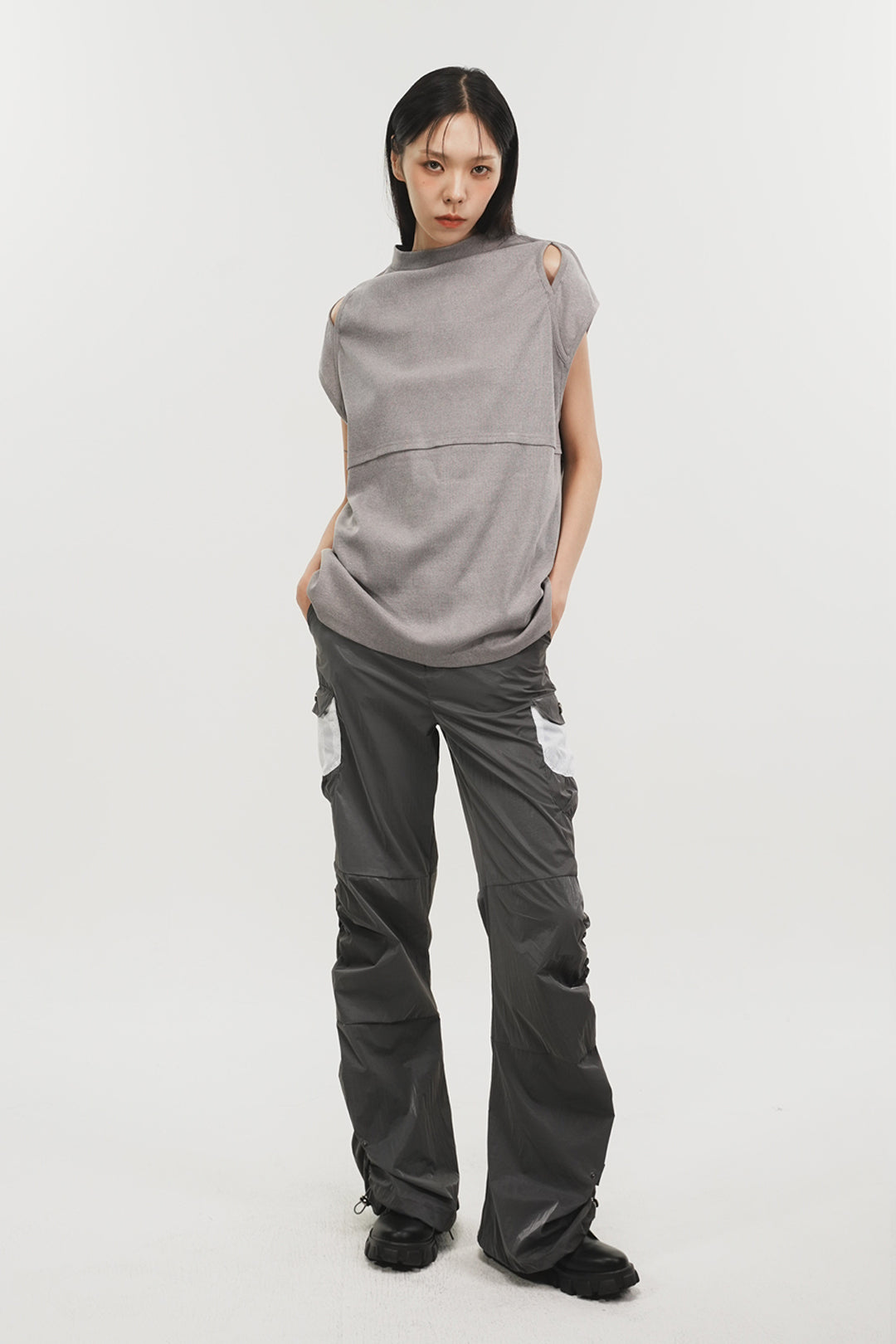 Gray Phenomenon Seeper side shirring panel pants showing relaxed fit and detailed side ruching for stylish comfort.