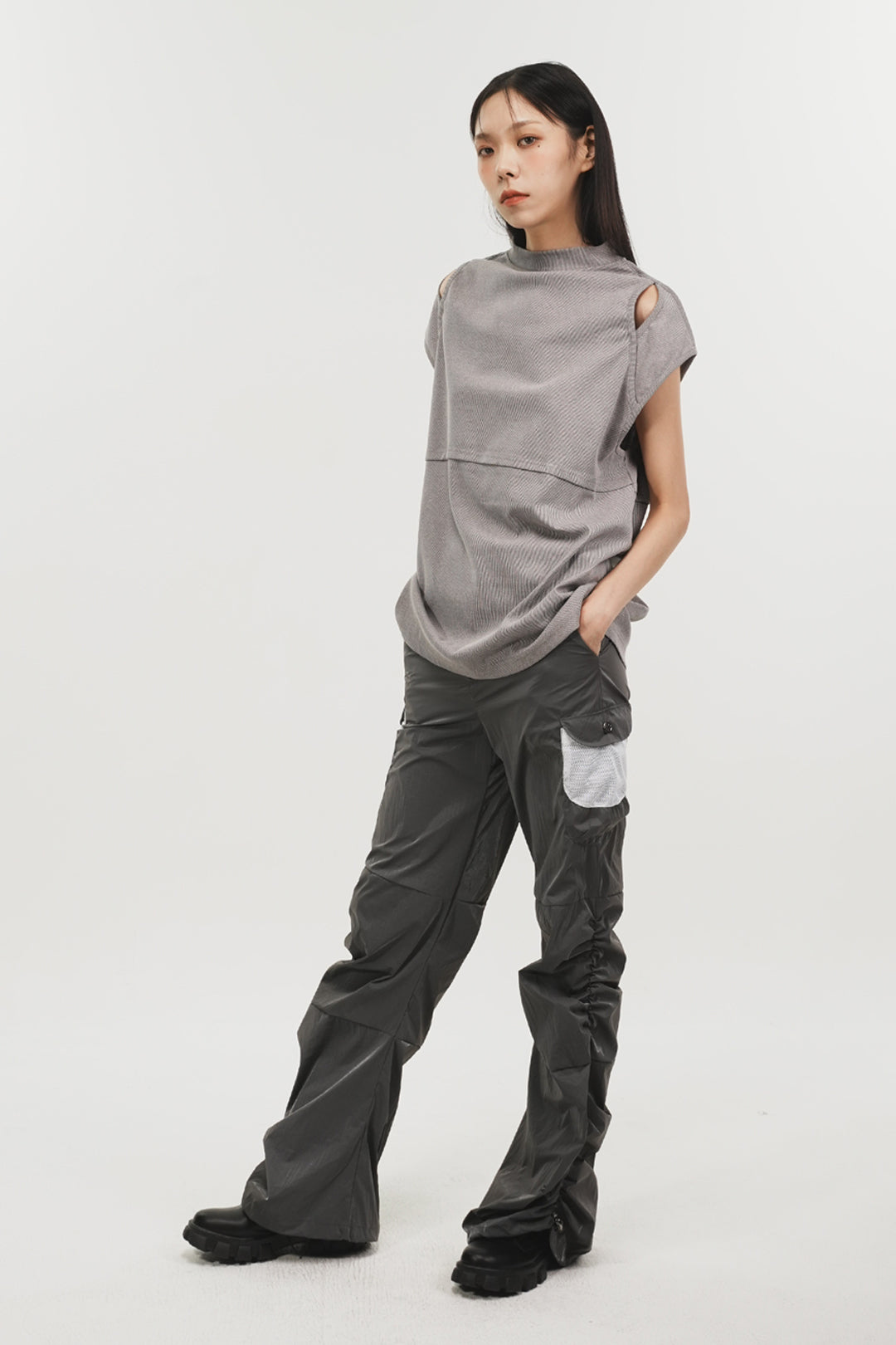 Grey Phenomenon Seeper side shirring panel pants, stylish bottoms with relaxed fit and detailed side ruching.