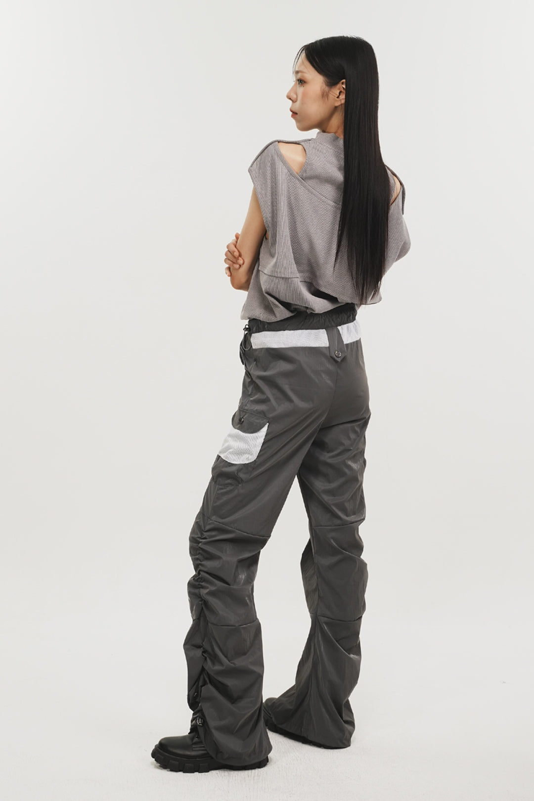 Grey Phenomenon Seeper side shirring panel pants, stylish bottoms with a relaxed fit and subtle side detailing.