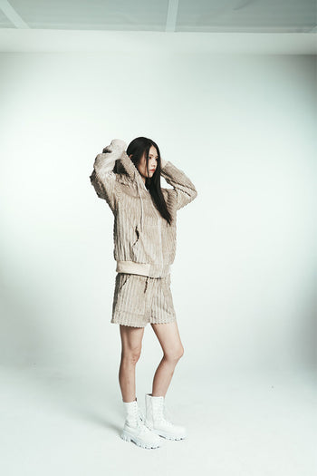 Navy cotton stripe fur shorts by Phenomenon Seeper, featuring a relaxed fit and cozy fur trim at the hem.