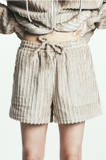 Navy cotton stripe fur shorts by Phenomenon Seeper, featuring a relaxed fit and soft fur trim for casual style.