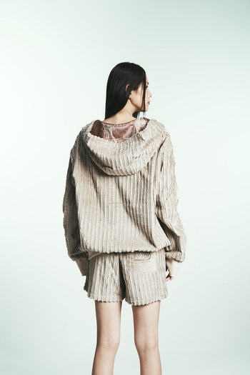 Navy cotton stripe fur shorts by Phenomenon Seeper, featuring a relaxed fit and cozy fur trim, perfect for casual wear.