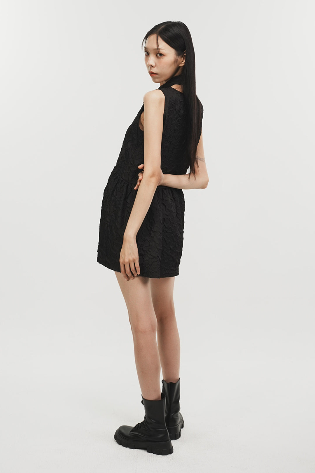 Black Phenomenon Seeper Shirring Raindrop Dress with gathered fabric and sleeveless design, shown on a model.