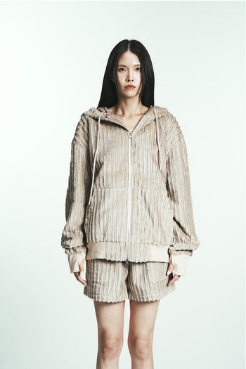Navy cotton stripe fur hoodie jumper by Phenomenon Seeper, featuring a cozy fur-lined hood and comfortable fit.
