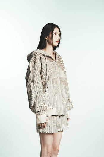 Navy cotton stripe fur hoodie jumper by Phenomenon Seeper, featuring a cozy fur-lined hood and casual knit design.