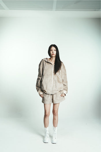 Navy cotton stripe fur hoodie jumper by Phenomenon Seeper with a cozy fur-lined hood and relaxed fit.