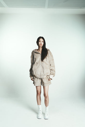 Navy cotton stripe fur hoodie jumper by Phenomenon Seeper with a cozy hood and relaxed fit, ideal for casual wear.
