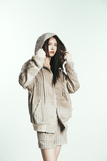 Navy cotton stripe fur hoodie jumper by Phenomenon Seeper, featuring a cozy fur-lined hood and casual hoodie style.
