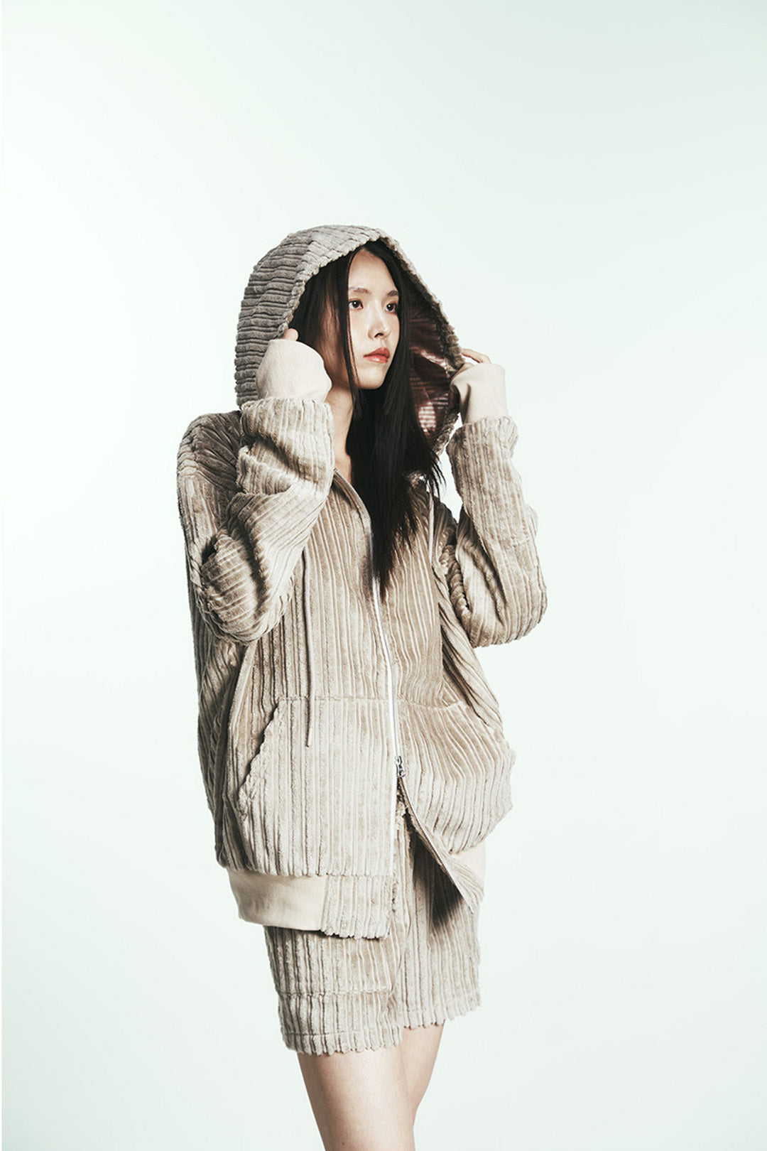 Navy cotton stripe fur hoodie jumper by Phenomenon Seeper, featuring a cozy fur-lined hood and casual striped design.